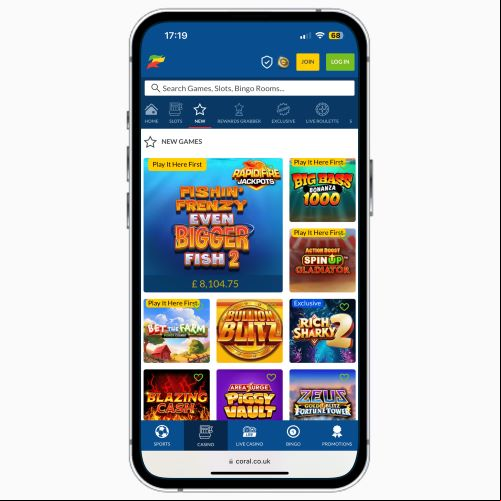 Coral Casino mobile site on iPhone, featuring a list of new online slots available to UK players