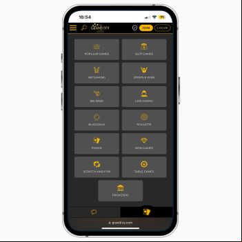 Grand Ivy casino mobile site on iPhone, featuring links to different game types such as slots, blackjack and poker