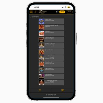 Grand Ivy casino mobile site on iPhone, showing a list of the live dealer games available at the casino