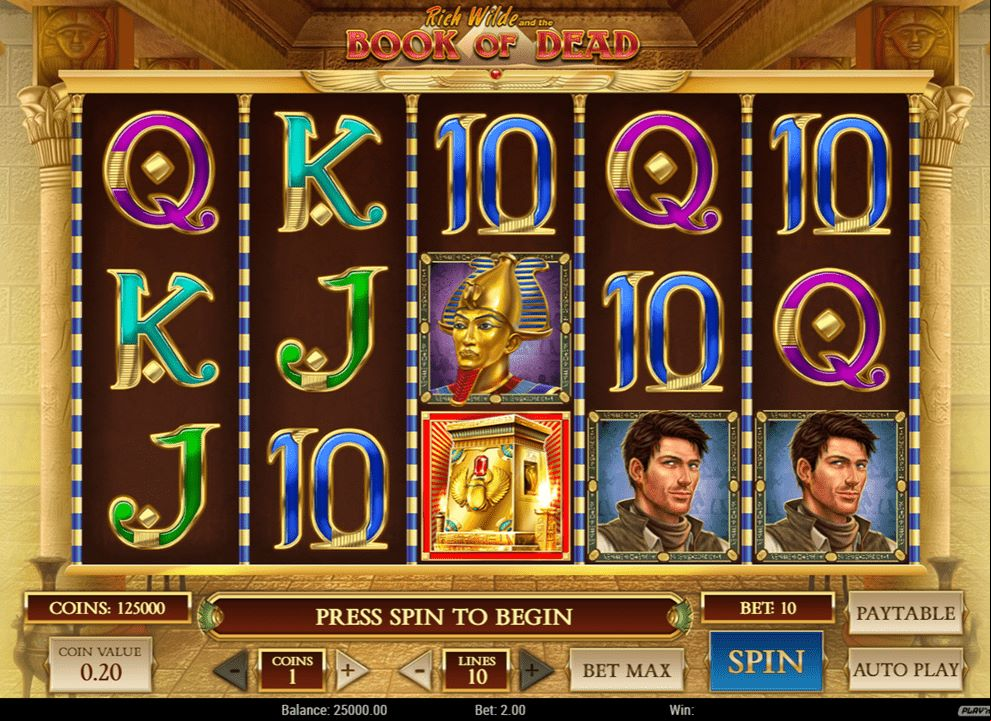 Screenshot of the free slot game Book of Dead by Play’n GO, available to play at UK online casinos.