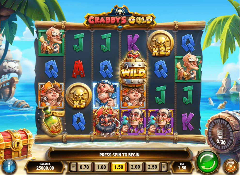 Screenshot of the new online slot game Crabby’s Gold by Play’n GO.
