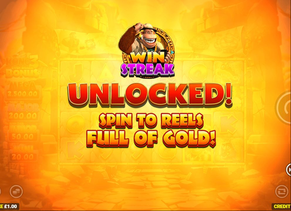 Screenshot of the Win Streak feature being unlocked on the online slot game Kong 3 Even Bigger Bonus by Blueprint Gaming.