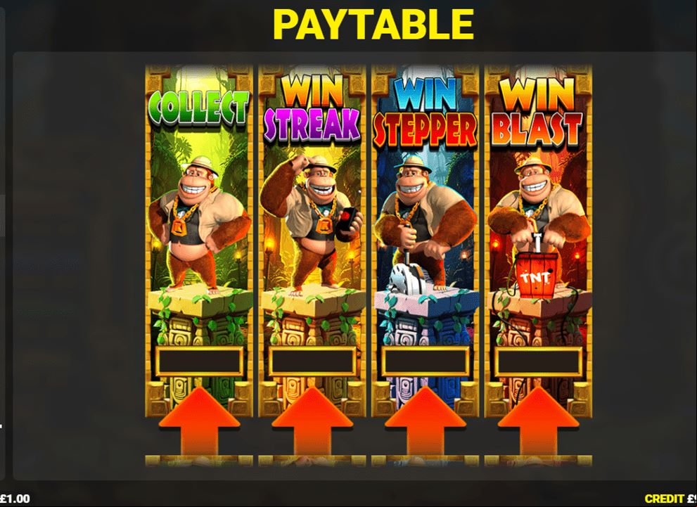 Screenshot of the paytable on the online slot game Kong 3 Even Bigger Bonus by Blueprint Gaming, explaining how the win modifiers work.